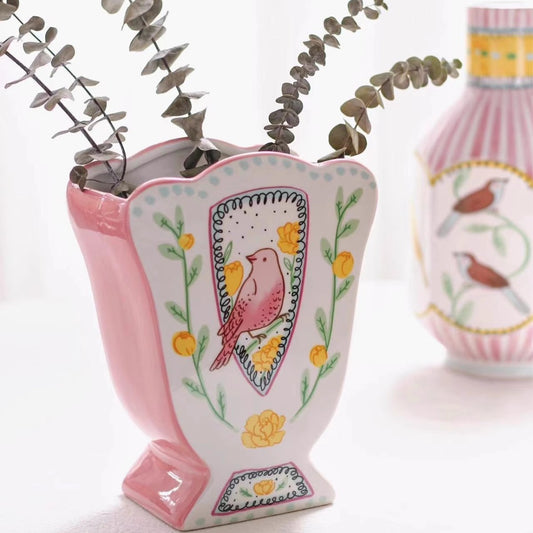 Nightingale & Rose Hand-painted Vase - Pink Rose for Love