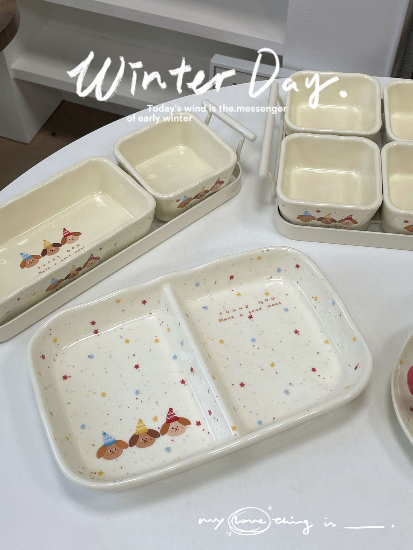 Three Puppy Creamy Divided Serving Plate - Two Sections