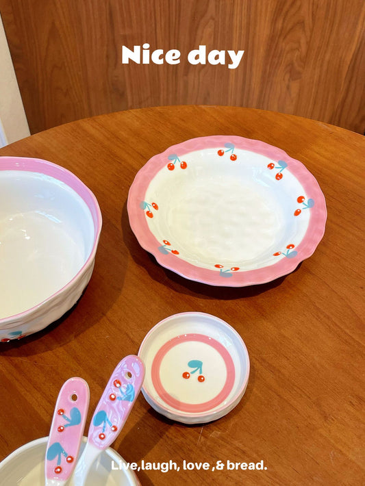 Pink Cherry Ceramic Plate Round