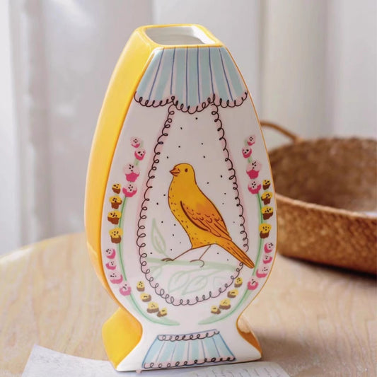 Nightingale & Rose Hand-painted Vase - Yellow Golden Song
