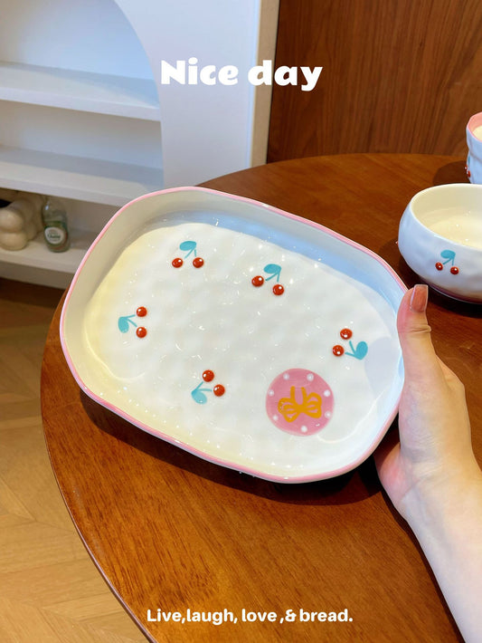 Pink Cherry Ceramic Plate Oval