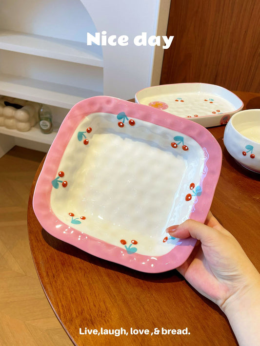 Pink Cherry Ceramic Plate Rectangle