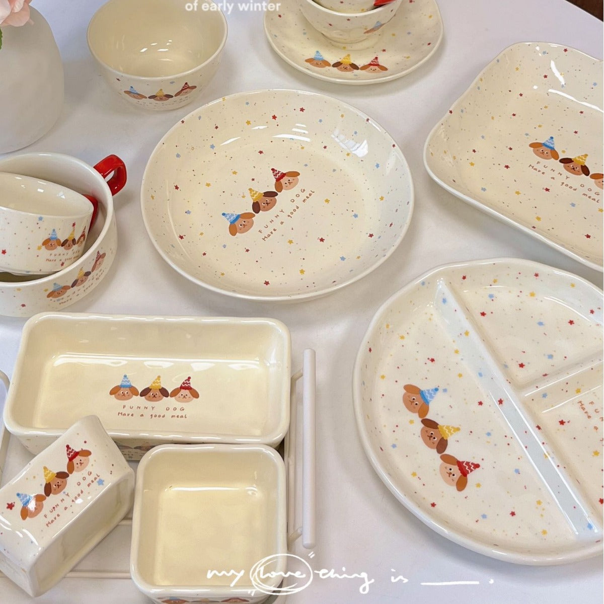 Three Puppy Creamy Divided Serving Plate - Two Sections