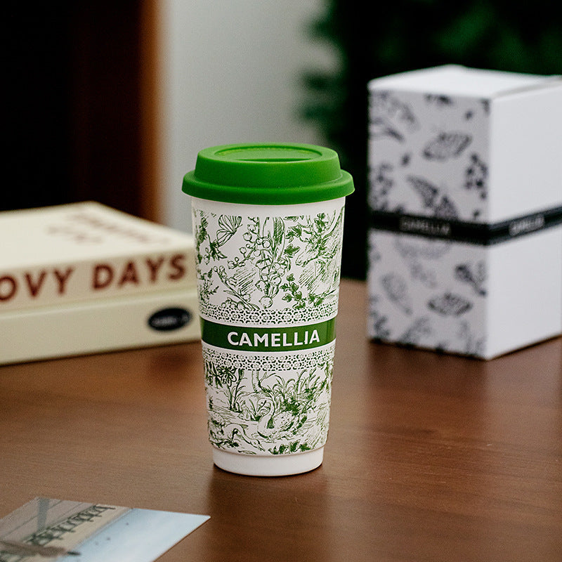 large Ceramic Mug with Silicone Lid with floral camellia print large capacity gift for mom gift for girlfriend for sister healthy ceramic eco-friendly ship from Australia Sydney free shipping