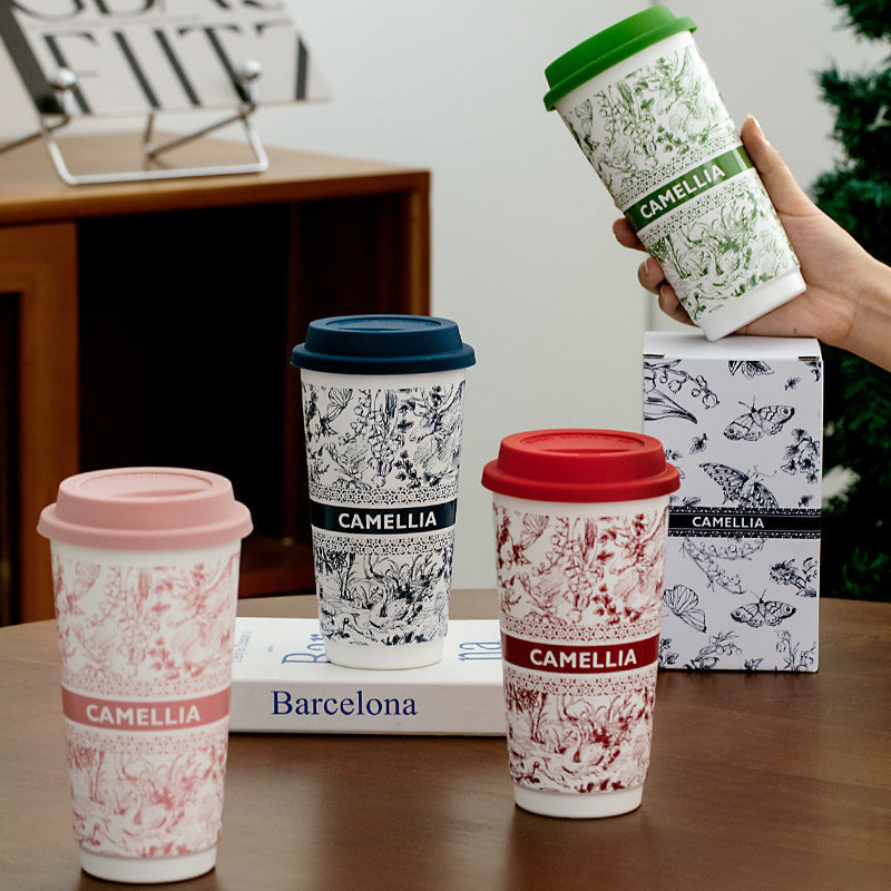 large Ceramic Mug with Silicone Lid with floral camellia print large capacity gift for mom gift for girlfriend for sister healthy ceramic eco-friendly ship from Australia Sydney free shipping