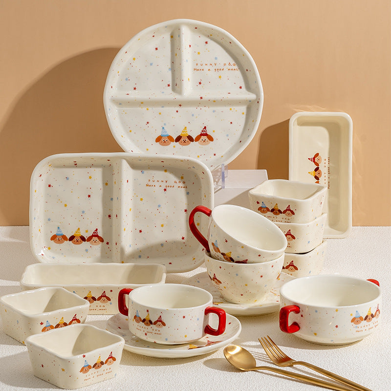 Three Puppy Creamy Divided Serving Plate - Two Sections