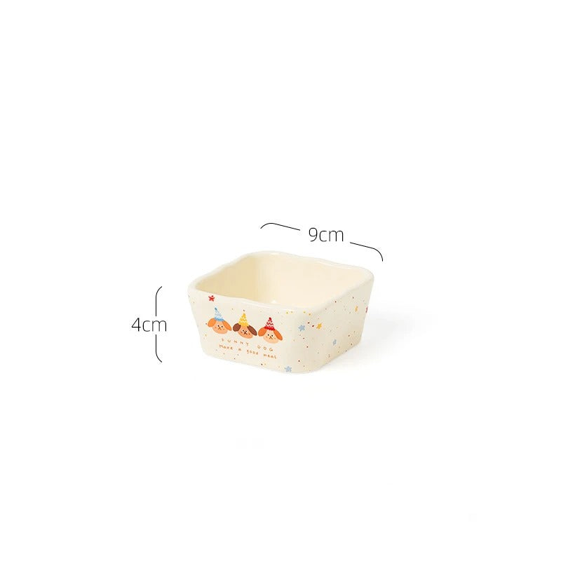 Three Puppy Creamy Ceramic Square Bowl