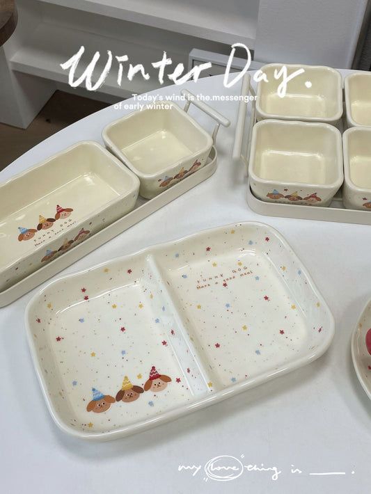 Three Puppy Creamy Divided Serving Plate - Two Sections