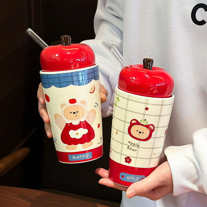 ceramic water bottle bear pattern water bottle water mugs water cup ceramic coffee bottle kid‘s water bottle girl’s birthday gift for girlfriend gift for cousin self-love gift app-shaped ceramic bottle july christmas gift new year gift mother‘s day gift mother’s birthday gift free gift wrapping