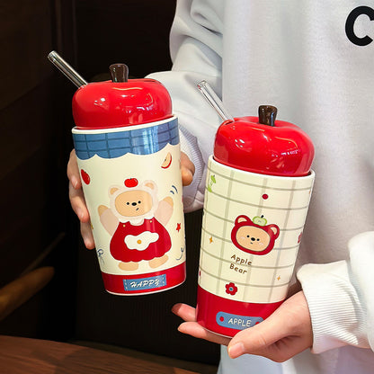ceramic water bottle bear pattern water bottle water mugs water cup ceramic coffee bottle kid‘s water bottle girl’s birthday gift for girlfriend gift for cousin self-love gift app-shaped ceramic bottle july christmas gift new year gift mother‘s day gift mother’s birthday gift free gift wrapping