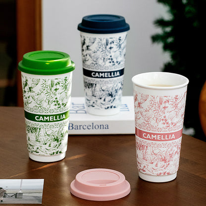 Camellia Large Ceramic Mug with Silicone Lid 580ML - Green