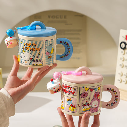 Cartoon Birthday Mug with Lid  Gift Box Set 350ML - Pink