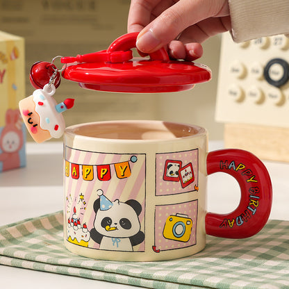 Cartoon Birthday Mug with Lid  Gift Box Set 350ML - Pink
