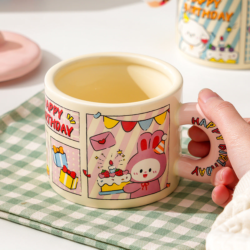 Cartoon Birthday Mug with Lid  Gift Box Set 350ML - Pink
