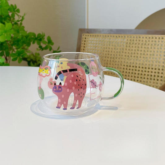 Adorable Animal Glass Mug with handle 300ML - Holiday Cat