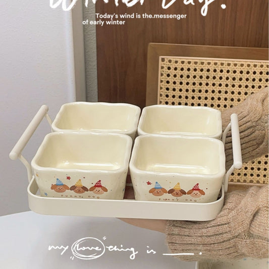 Three Puppy Creamy Ceramic Square Bowl